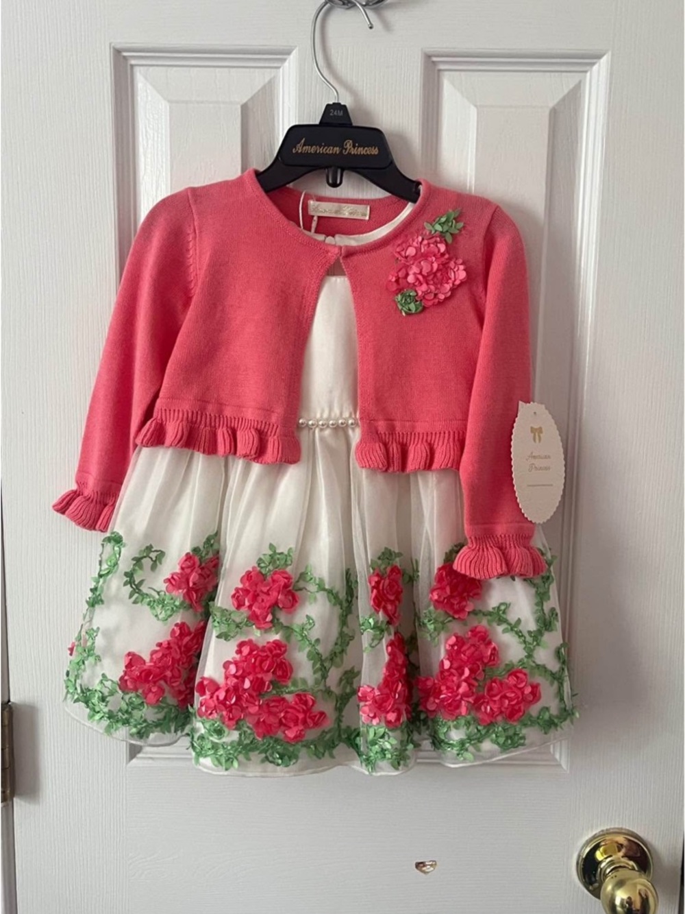 American Princess Pink Coral Floral Embroidered Dress with Cardigan